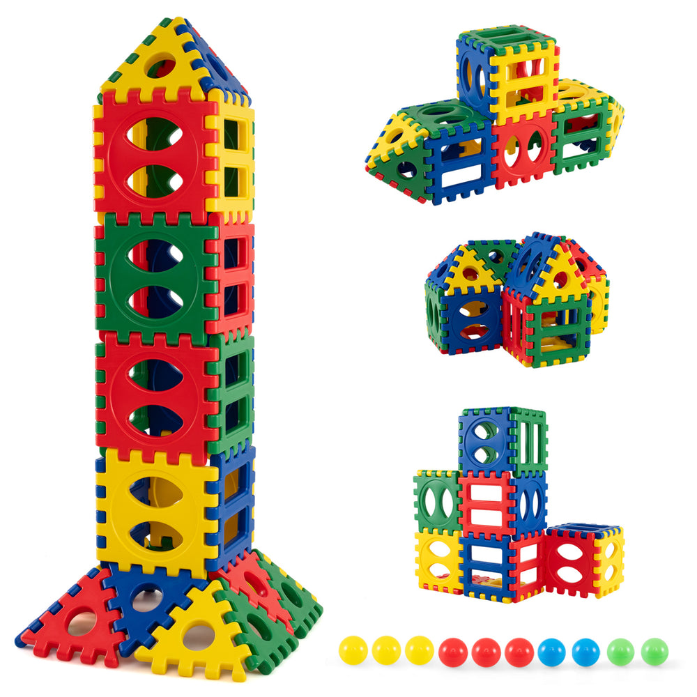 Colorful 32-piece oversized waffle block set with 10 ocean balls promotes creativity and enhances hand-eye coordination.