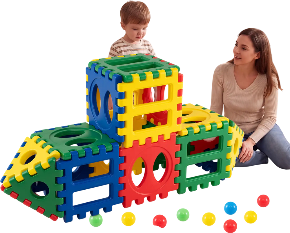 Colorful 32-piece oversized waffle block set with 10 ocean balls, perfect for creative play and enhancing coordination.