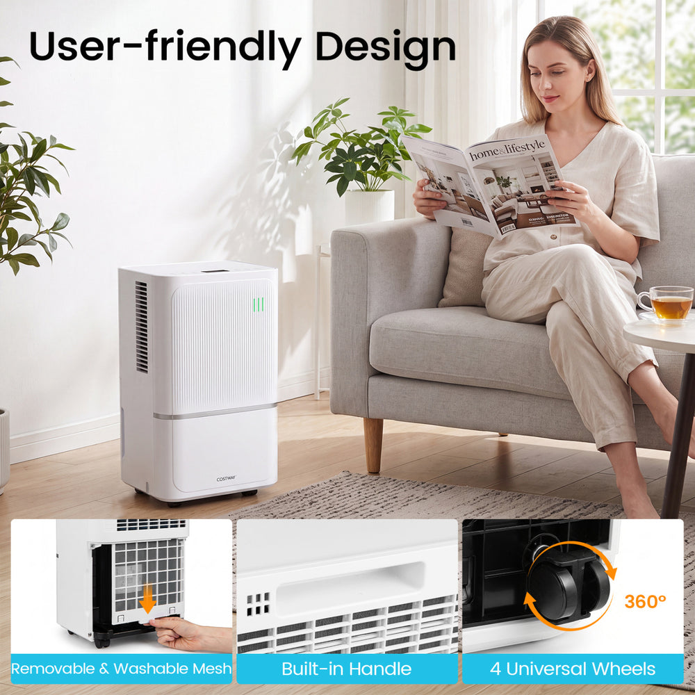 32 Pint dehumidifier with built-in handle, universal wheels, and intuitive touch panel for easy home humidity control.
