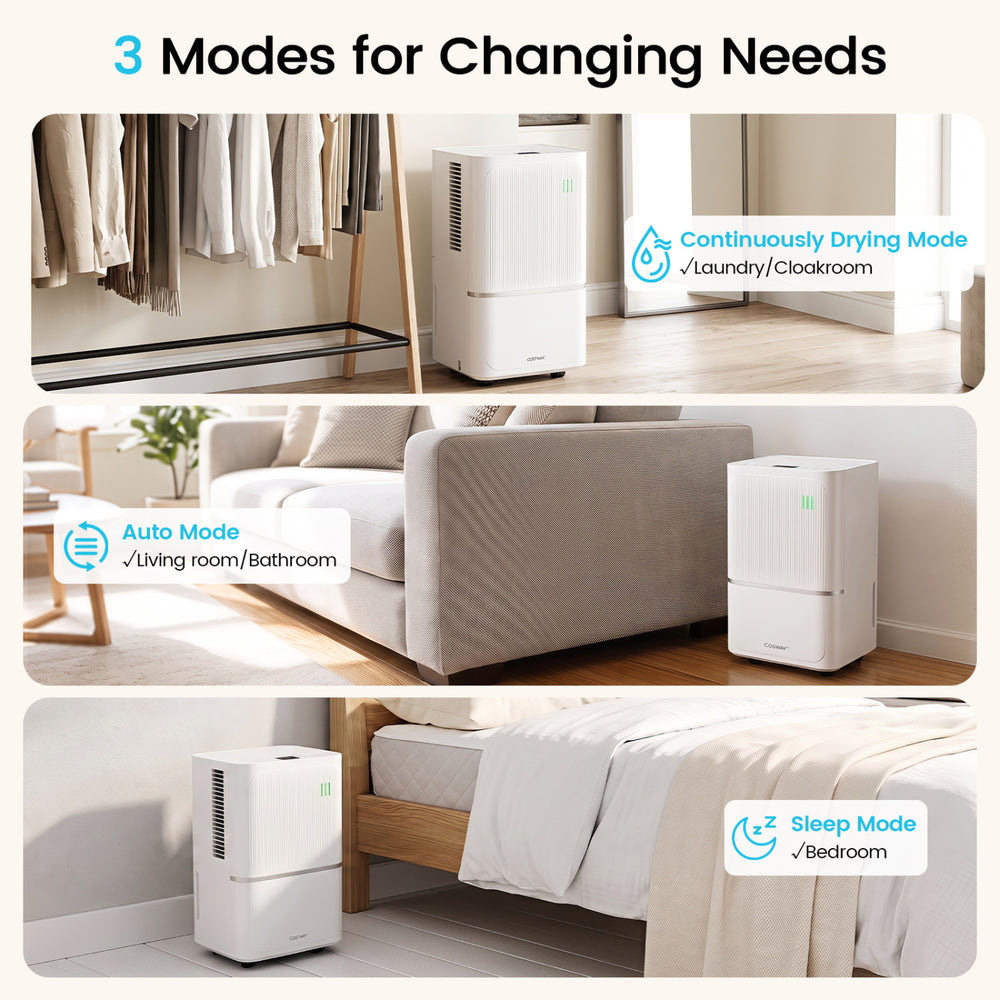 32 Pint dehumidifier in white with intuitive controls, ideal for whole-room drying in homes up to 2500 sq. ft.