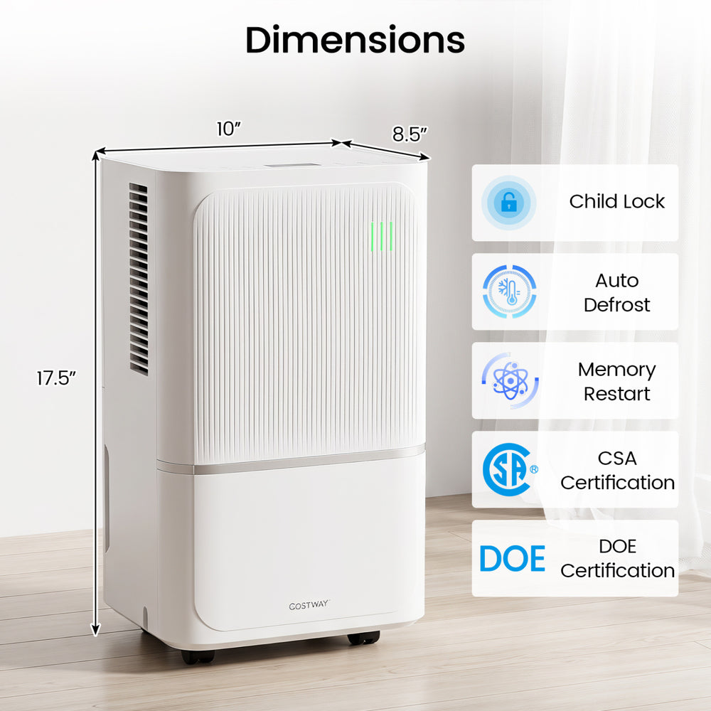32 pint dehumidifier in white with intelligent control, child lock, and auto defrost for efficient home humidity management.