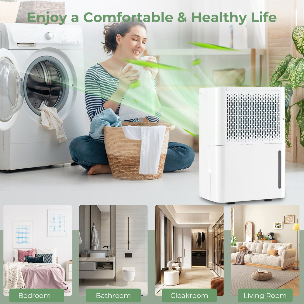 2000 Sq. Ft dehumidifier in white with LED control panel, ideal for bedrooms, bathrooms, and living rooms.