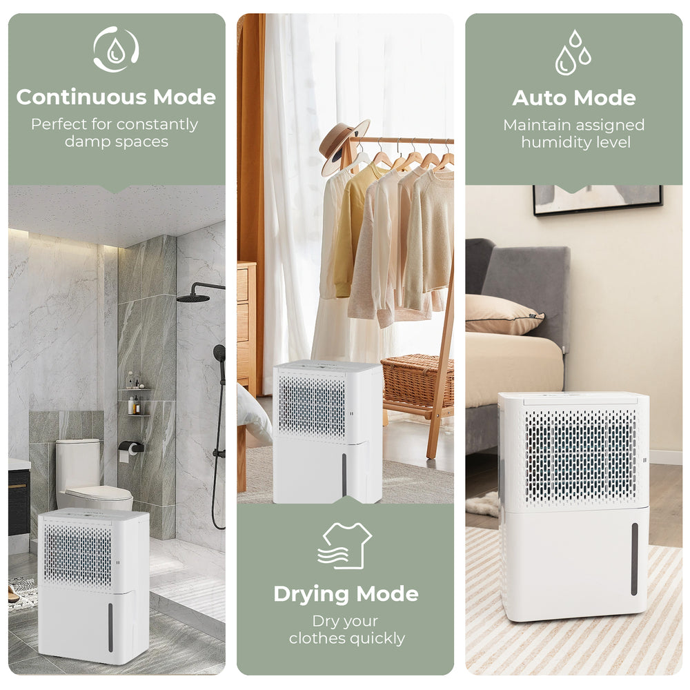 2000 Sq. Ft dehumidifier in white showing Continuous, Auto, and Drying modes for efficient moisture control in various.