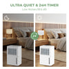 32 Pint dehumidifier in white with LED control panel, showcasing quiet operation and 24-hour timer for home use.