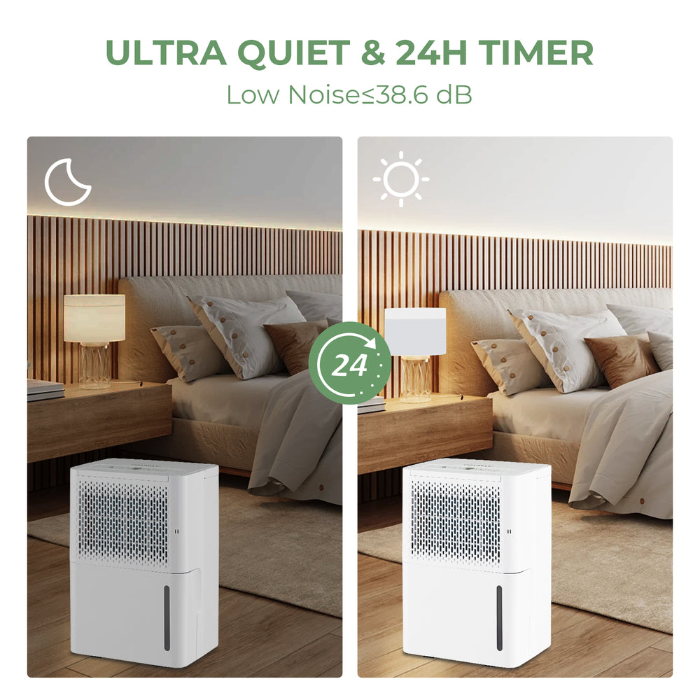 32 Pint dehumidifier in white with LED control panel, showcasing quiet operation and 24-hour timer for home use.