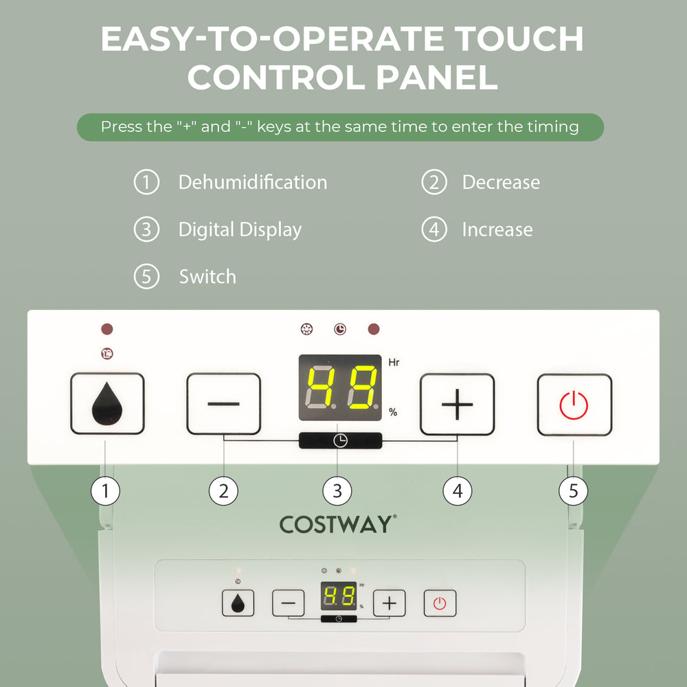 Touch control panel of the 2000 Sq. Ft 32 Pint Dehumidifier in white, featuring LED display and adjustable settings.