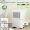 2000 sq. ft. dehumidifier in white with LED control panel, showing before and after humidity levels for effective.