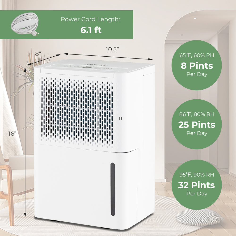 32 pint dehumidifier with adjustable humidity, LED control panel, and visible water level for home and basement use.