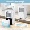 Portable dehumidifier with a 0.55-gallon water tank, featuring manual and continuous drainage options for home use.