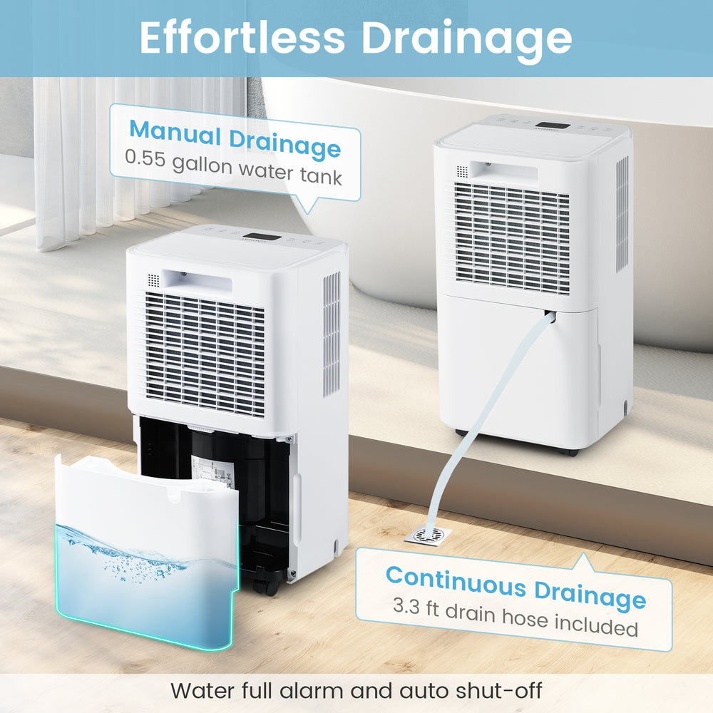 Portable dehumidifier with a 0.55-gallon water tank, featuring manual and continuous drainage options for home use.