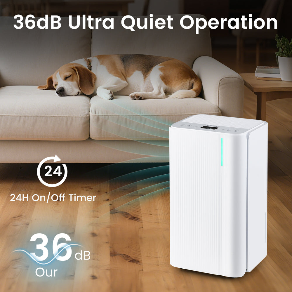 Portable 32 Pints dehumidifier in white, featuring 2000 sq.ft coverage, 36dB quiet operation, and 24H timer for home.