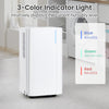 Portable dehumidifier in white with 3-color indicator light, showing humidity levels for home and basement use.