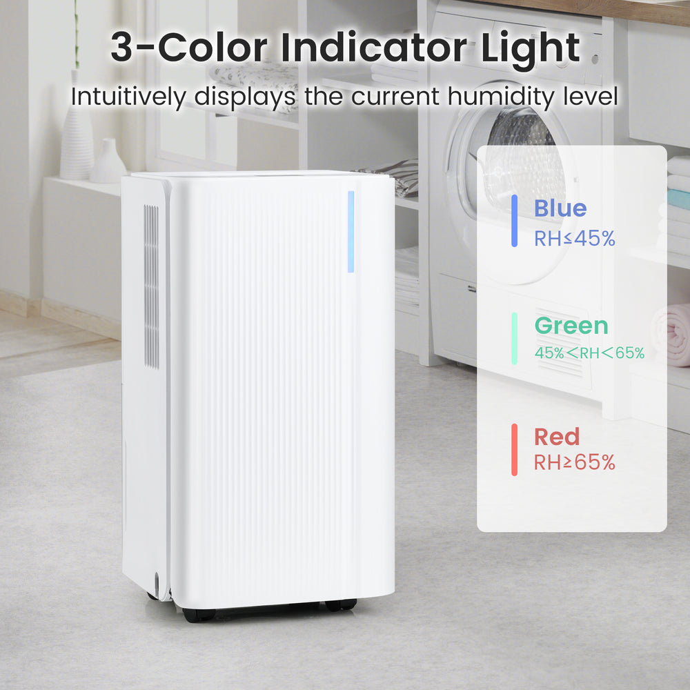 Portable dehumidifier in white with 3-color indicator light, showing humidity levels for home and basement use.