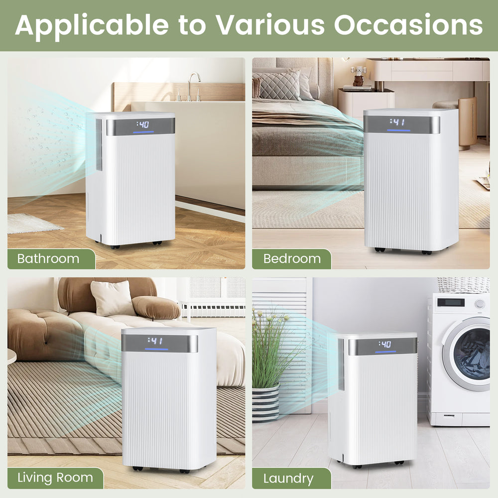 32 pints dehumidifier in a living room setting, featuring a smart LED control panel for customizable humidity control.