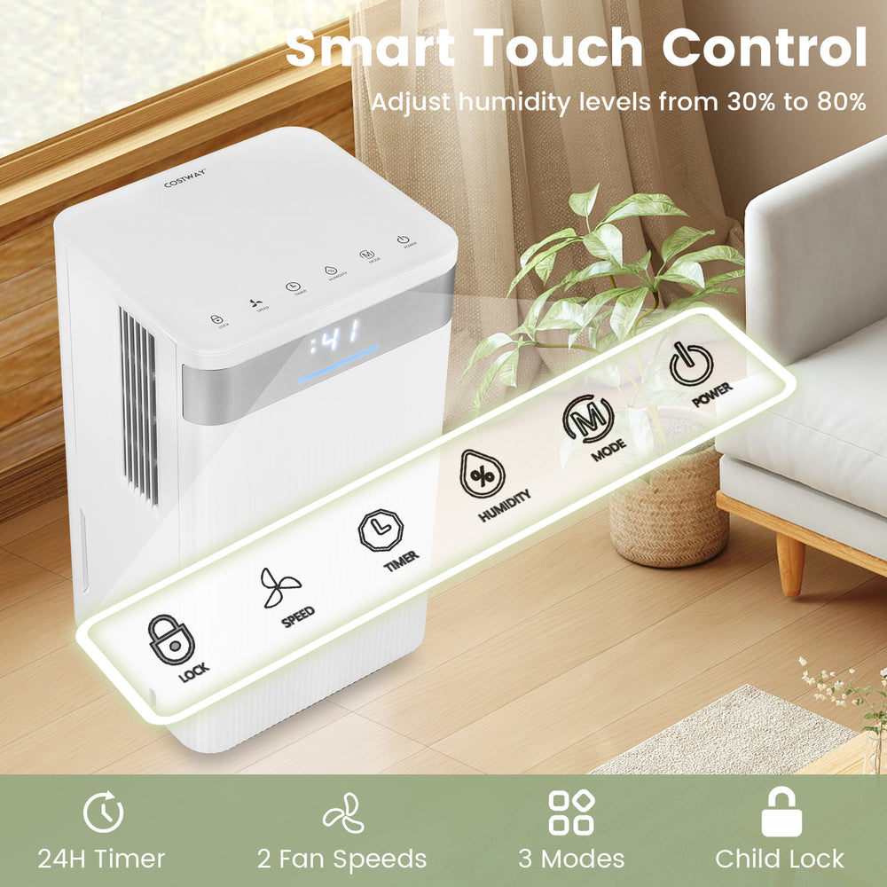32 pints dehumidifier with smart LED control panel, adjustable humidity, and 3 modes for efficient moisture removal.