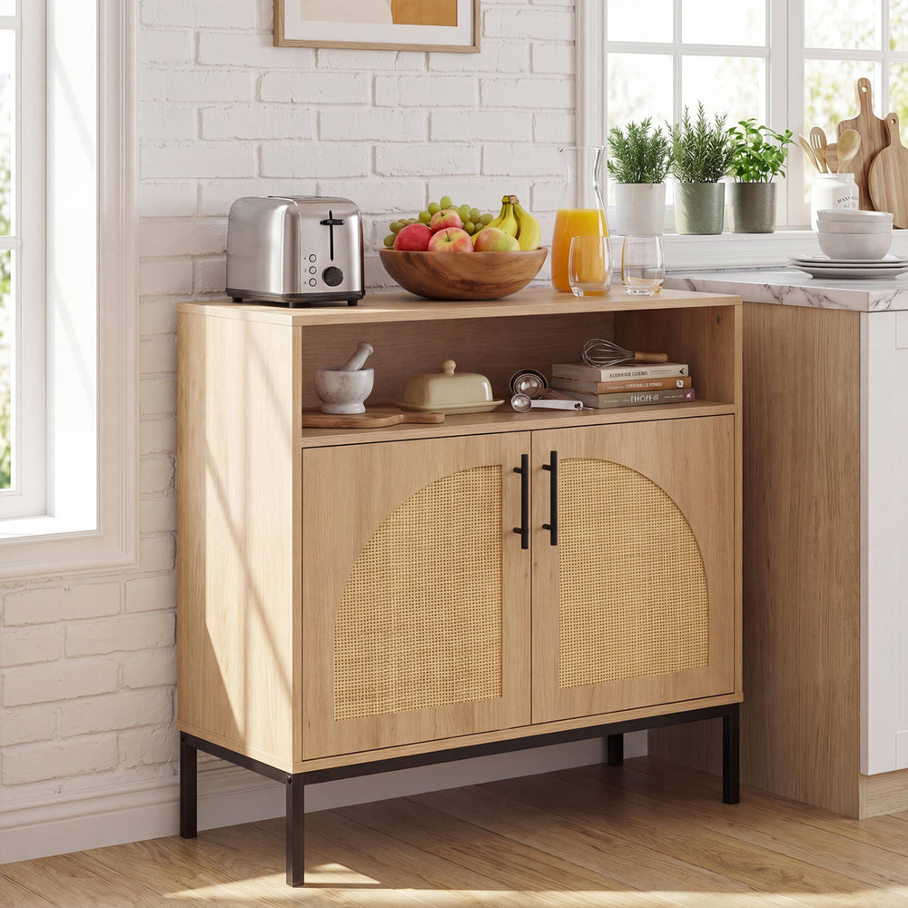 32" sideboard buffet cabinet with natural rattan doors, adjustable shelf, and sleek handles for stylish kitchen storage.