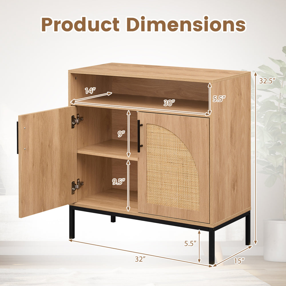 Dimensions of the 32" sideboard buffet cabinet with natural rattan doors and adjustable shelf for versatile storage.