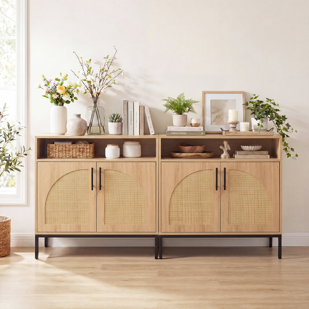 32" sideboard buffet cabinet with natural rattan doors, adjustable shelf, and sleek handles for stylish storage.