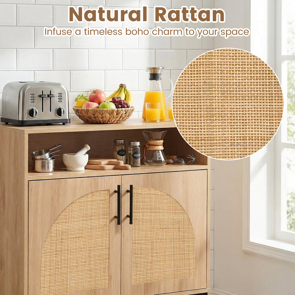 Natural rattan doors on a 32" sideboard buffet cabinet, featuring adjustable shelf and sleek handles for stylish.