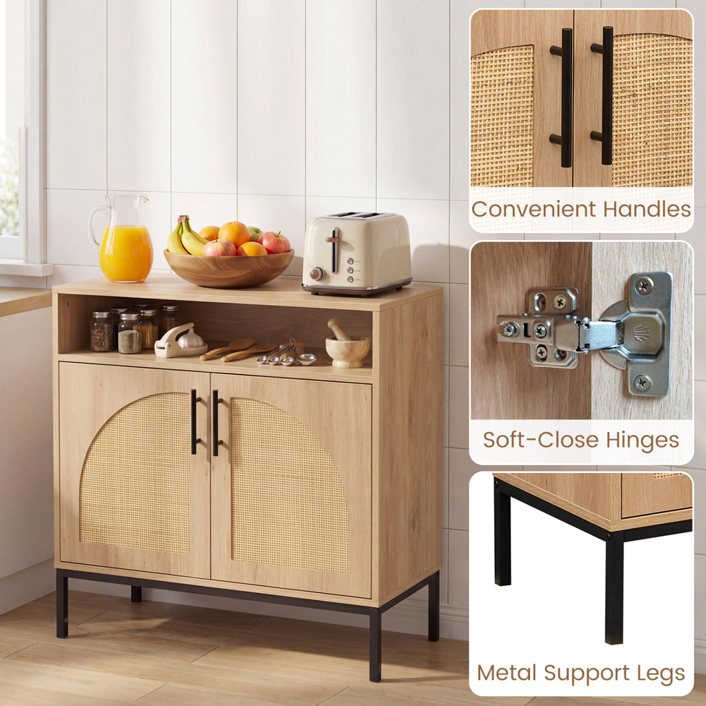 32" sideboard buffet cabinet with natural rattan doors, adjustable shelf, and metal support legs for versatile storage.