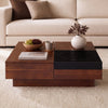 Square 32" color-blocking coffee table in walnut with storage tray and hidden compartments for living room organization.