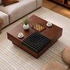 Square 32" color-blocking coffee table in walnut with storage tray and three hidden compartments for living room organization.