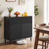 32" wide black buffet cabinet with two doors and one drawer, styled in a kitchen setting with decorative items.