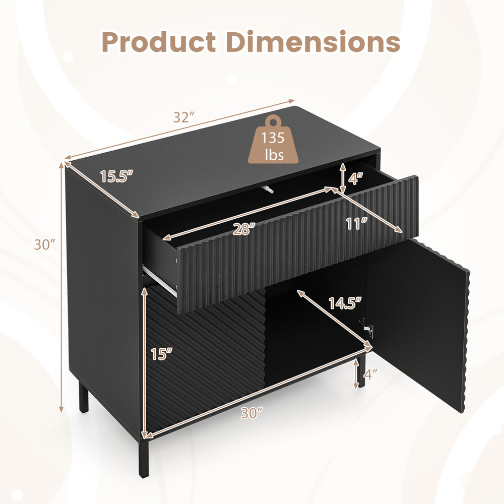 32" wide black buffet cabinet with 2 doors and 1 drawer, showcasing product dimensions and weight capacity of 135 lbs.
