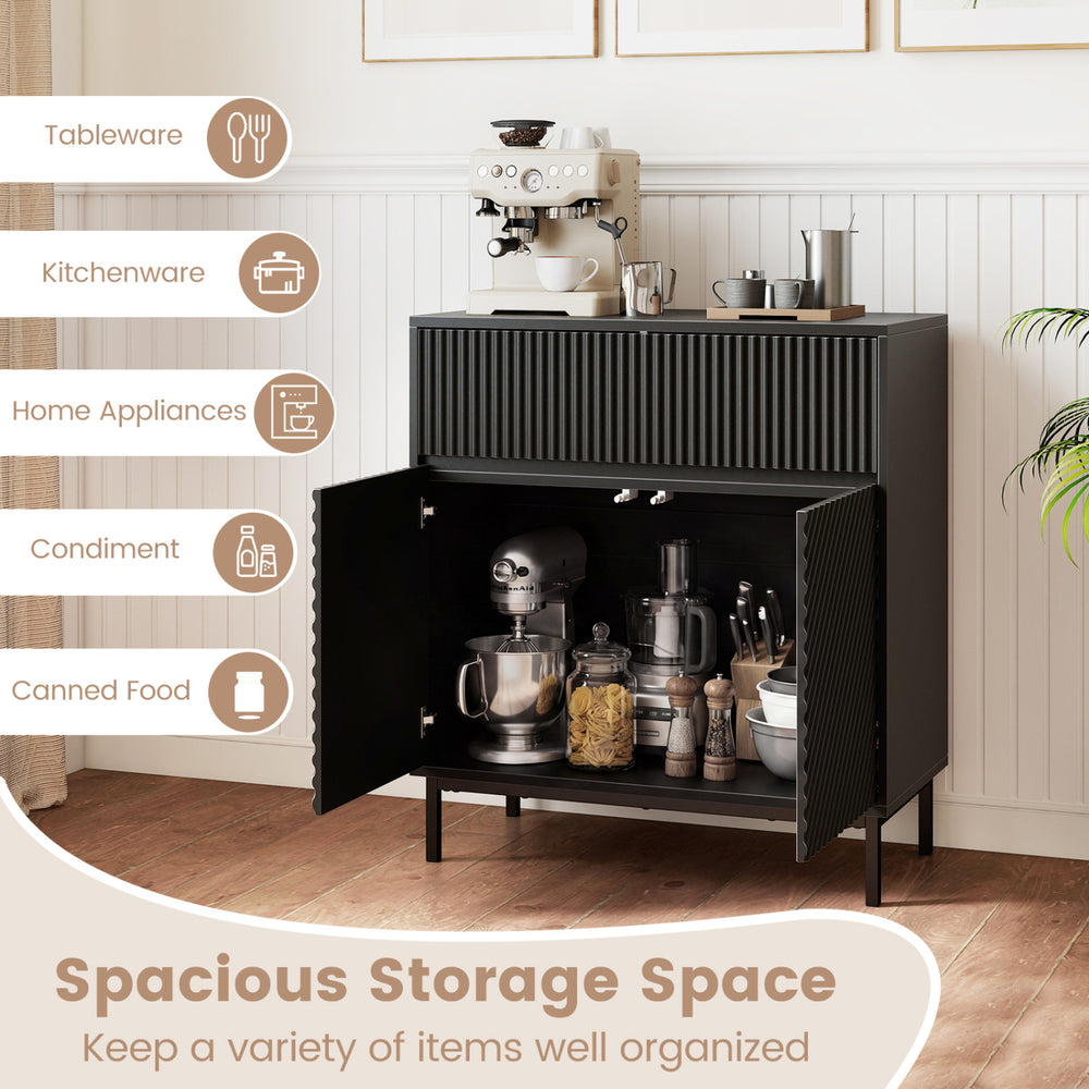 32" wide black buffet cabinet with 2 doors and 1 drawer, ideal for organizing kitchenware and home appliances.