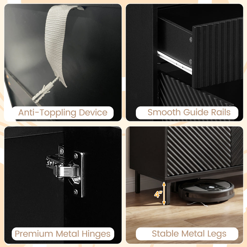 Close-up of premium metal hinges and anti-toppling device on a 32" wide black buffet cabinet for kitchen storage.