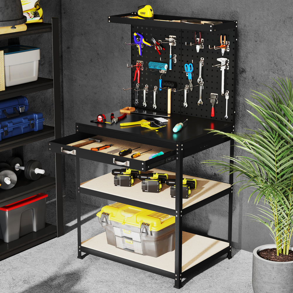 32 x 16 Inch Workbench Work Table with 2 PCs Pegboard Drawer and Shelves-Black - Gallery View 1 of 10