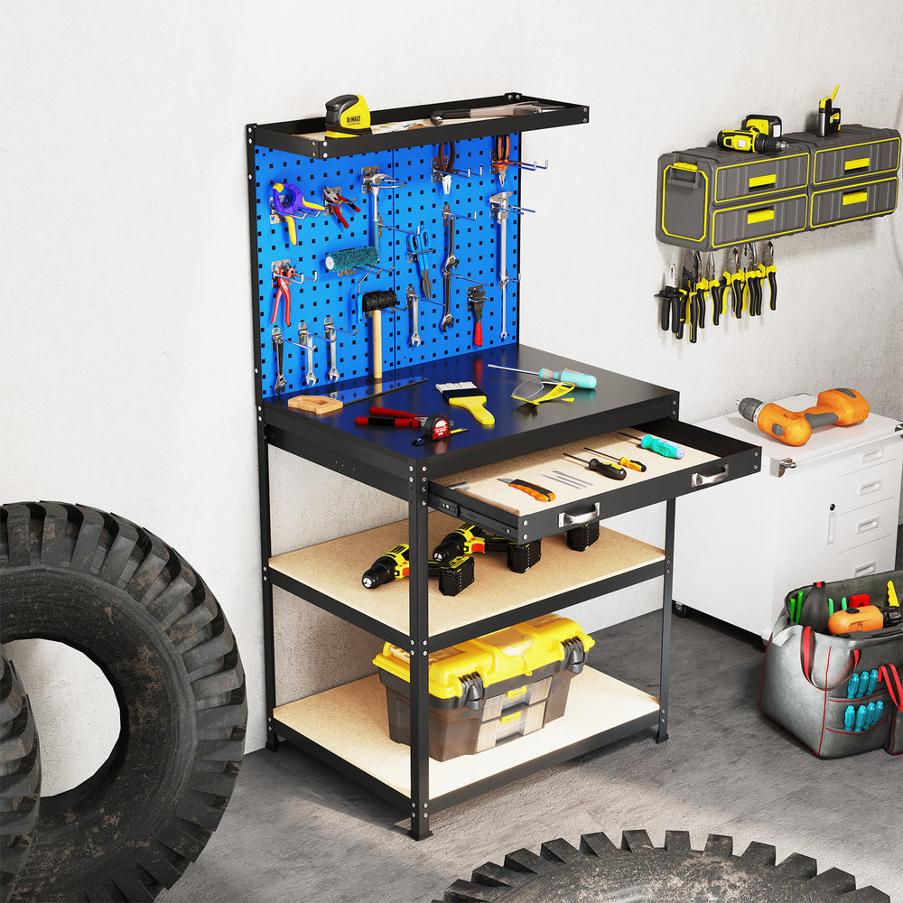 Heavy-duty 32 x 16 inch workbench with navy finish, pegboards, drawer, and shelves for garage or workshop organization.