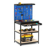 Workbench with navy pegboard, drawer, and shelves; heavy-duty metal frame for garage or workshop storage.