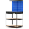 Workbench with navy pegboard, drawer, and shelves; heavy-duty metal frame for home or garage use.