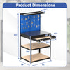 Workbench with navy finish, featuring pegboards, drawer, and shelves, measuring 32 x 16 inches, ideal for garage use.