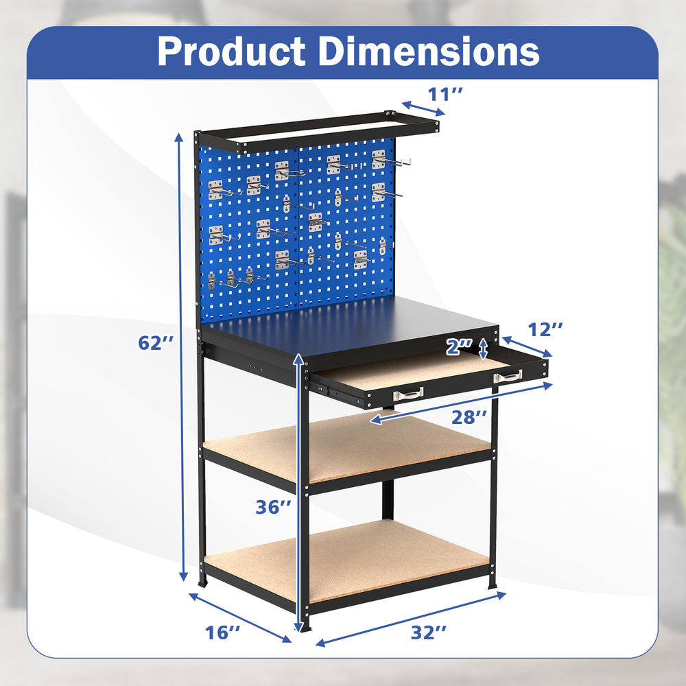 Workbench with navy finish, featuring pegboards, drawer, and shelves, measuring 32 x 16 inches, ideal for garage use.