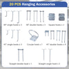 20 assorted hanging hooks including square and circular designs for versatile storage solutions on pegboards.