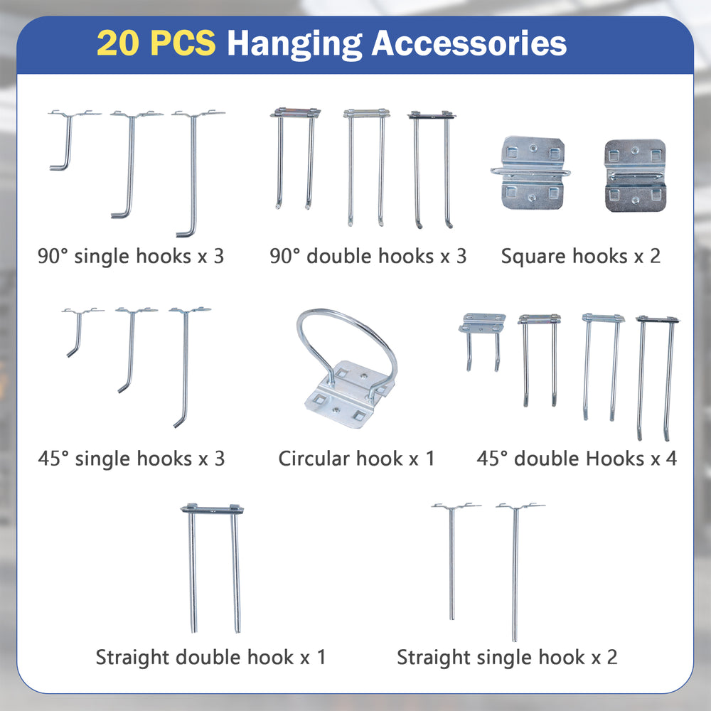 20 assorted hanging hooks including square and circular designs for versatile storage solutions on pegboards.