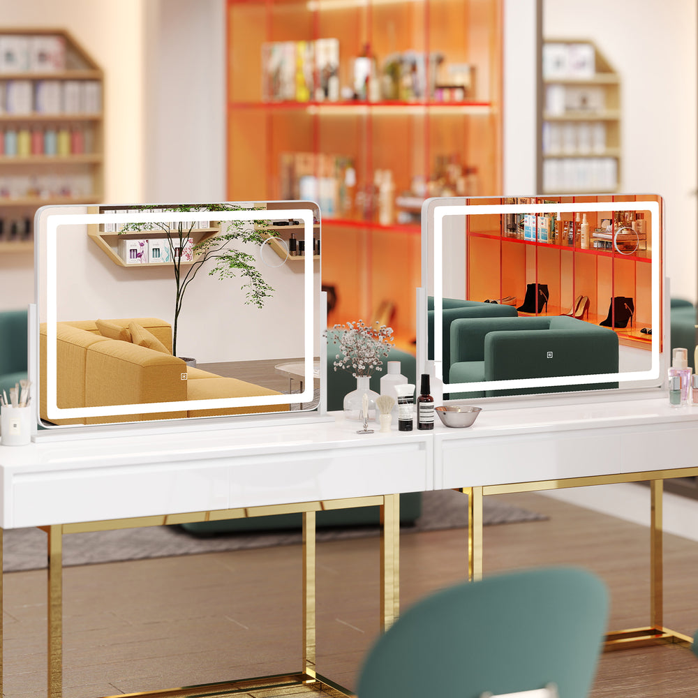 Large 32 x 22 inch makeup vanity mirror with 3-color lighting mode and touch control, perfect for detailed grooming.
