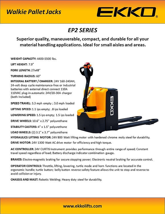 Ekko EP20E Walkie Pallet Jack 4400 Lbs Load Capacity New