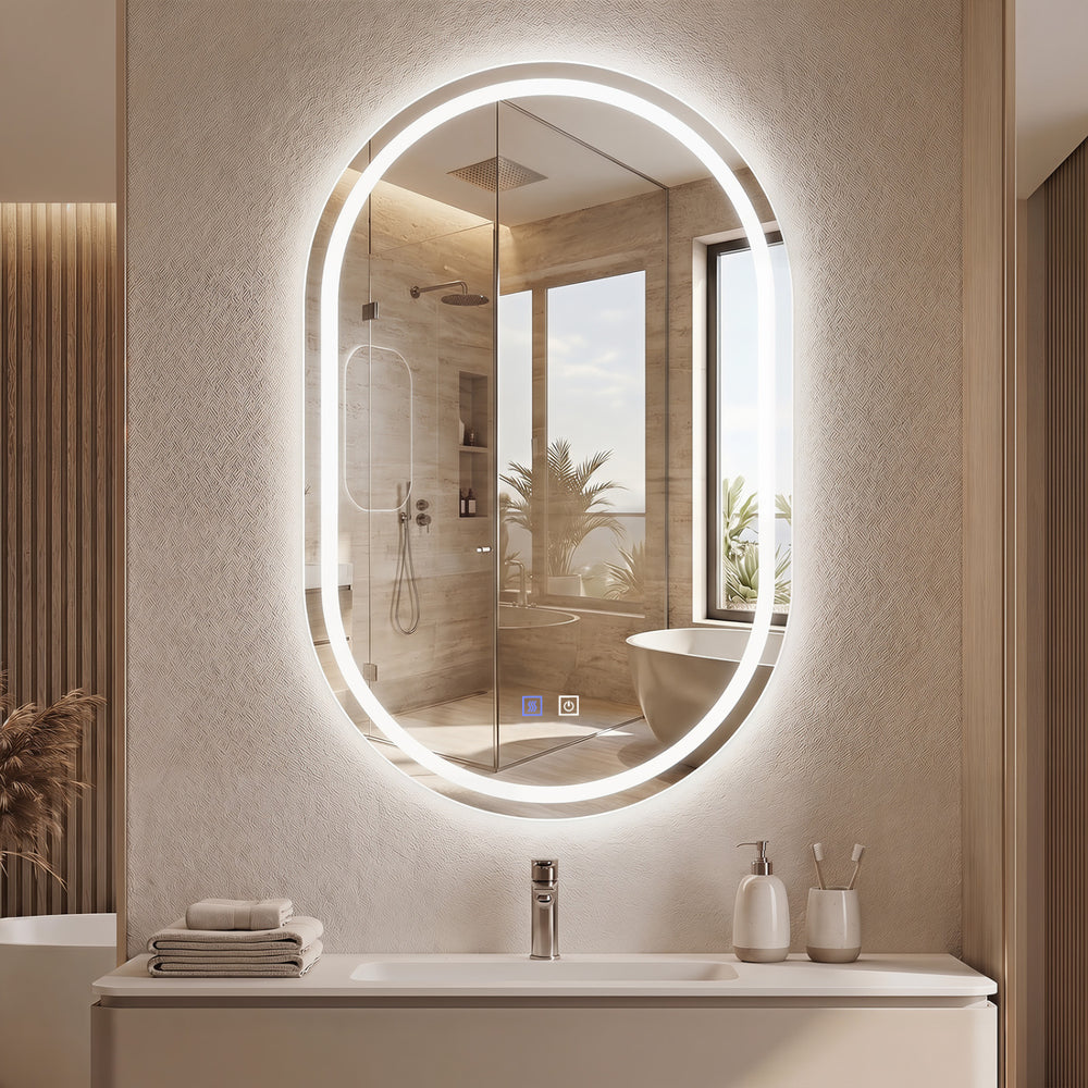 Oval LED bathroom mirror with front and backlight, featuring touch control, stepless dimming, and waterproof design.