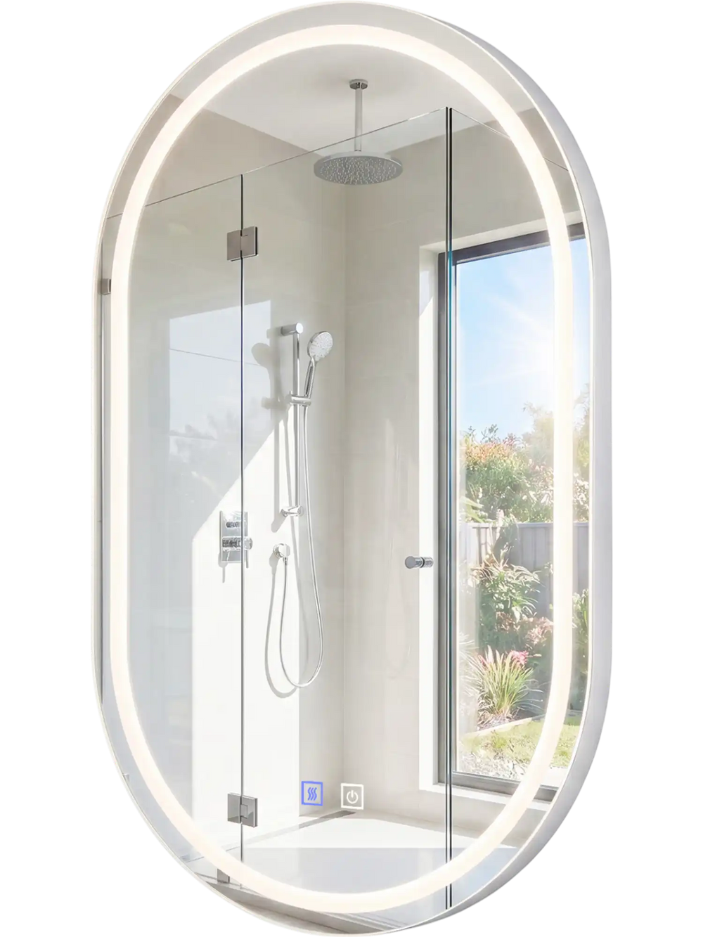 Oval 32x20" LED bathroom mirror with front and backlight, featuring touch control and stepless dimming for personalized lighting.