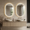 Oval LED bathroom mirror with front and backlight, featuring touch control and stepless dimming for customizable illumination.