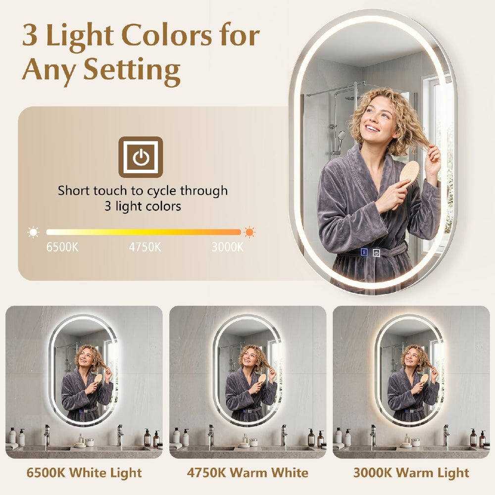 32x20" oval LED bathroom mirror with front and backlight, featuring touch control and three light colors for versatile use.