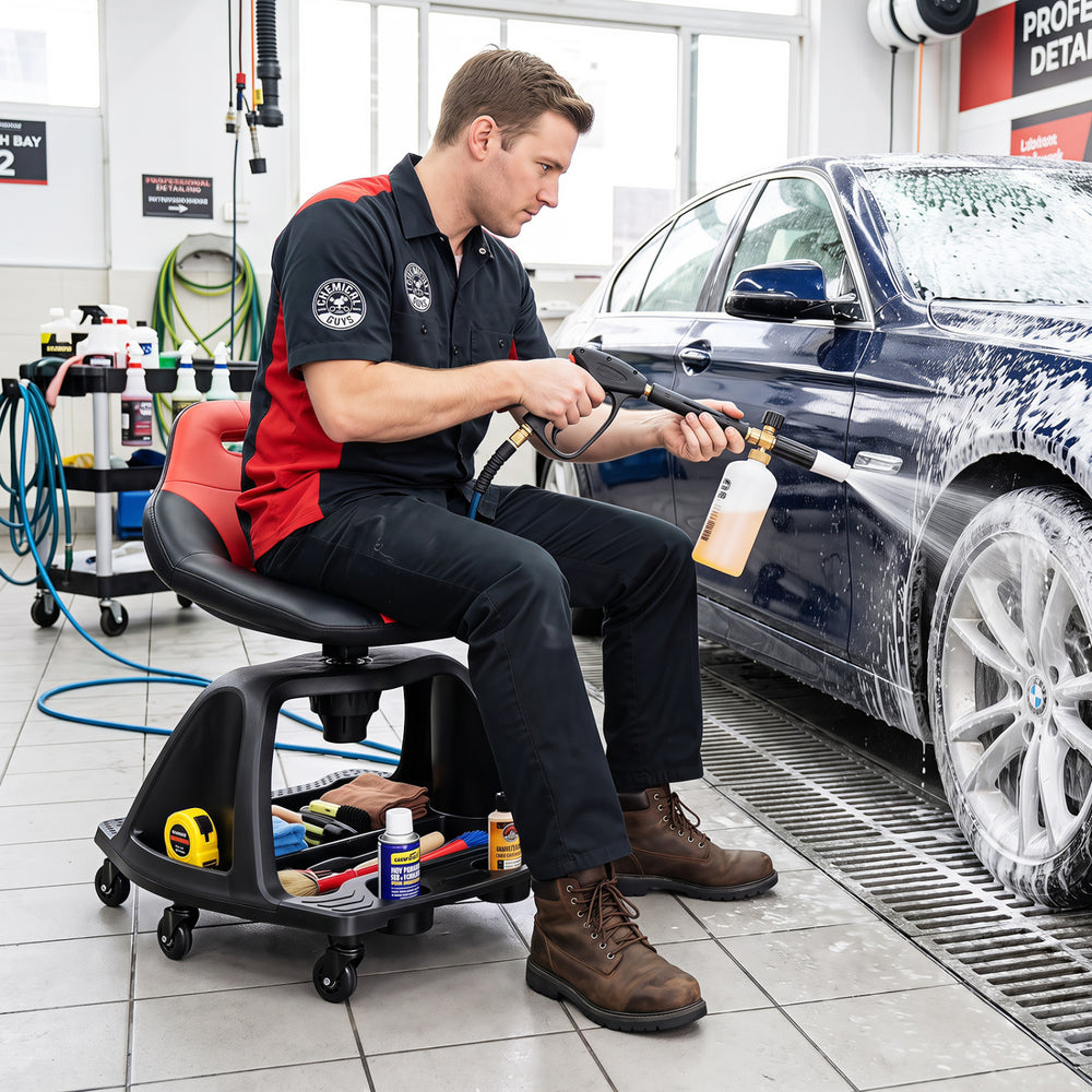 Garage mechanic stool with backrest, 330 lbs capacity, featuring tool tray storage and 6 universal wheels for easy mobility.