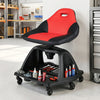 Red garage mechanic stool with backrest, 330 lbs capacity, 6 wheels, and tool tray for easy access to tools.