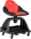 Red and black garage mechanic stool with backrest, 330 lbs capacity, features tool tray and six universal wheels for mobility.