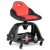Red and black garage mechanic stool with backrest, 330 lbs capacity, 6 wheels, and tool storage for easy access.