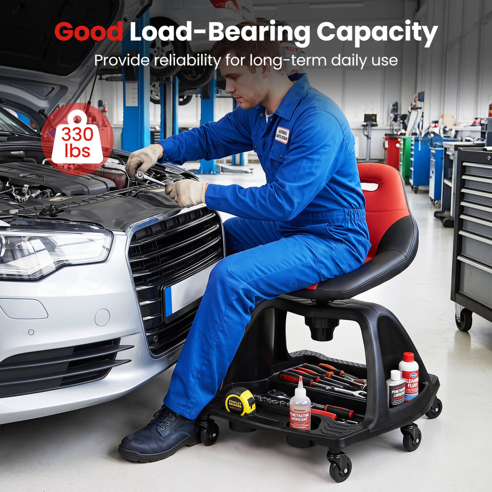 Garage mechanic stool with backrest, 330 lbs capacity, 6 wheels, and tool tray for convenient storage and mobility.
