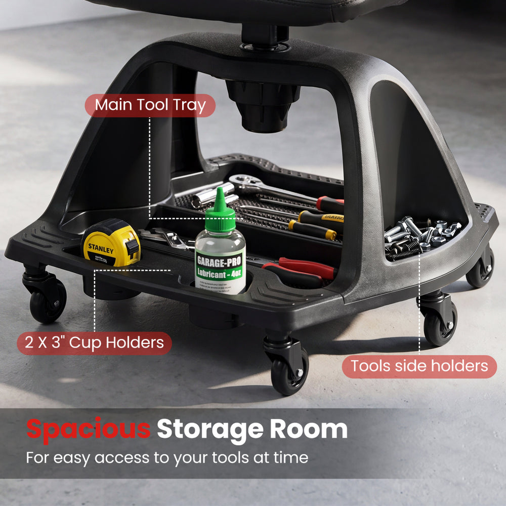 Spacious storage room with main tool tray, cup holders, and side holders for easy access to tools on the mechanic stool.